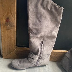 Gray knee high boots
